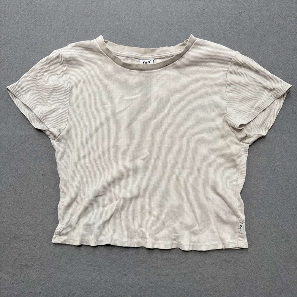 TNA T-Shirt Women's Large White Short Sleeve Cotton Crewneck Ribbed Cropped Top
